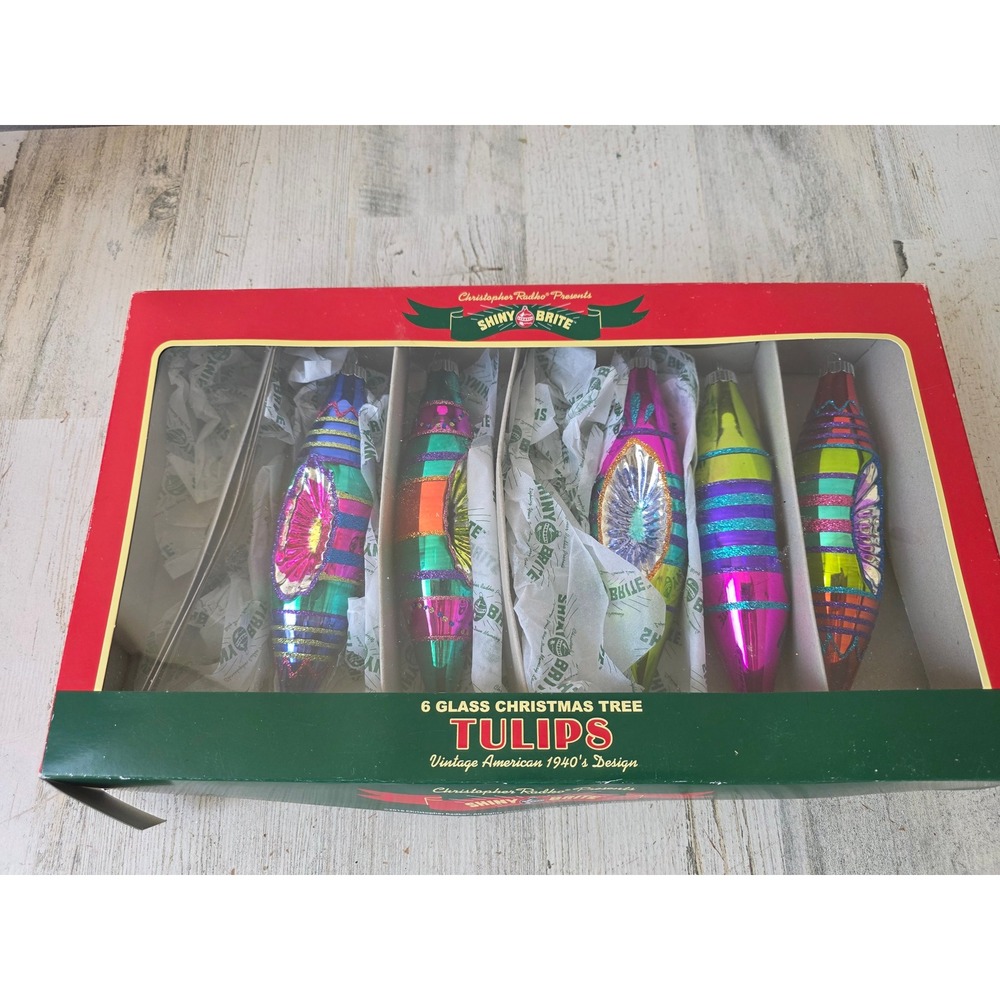 Radko shiny brite teardrop tulip indent reflector rainbow stripe glitter